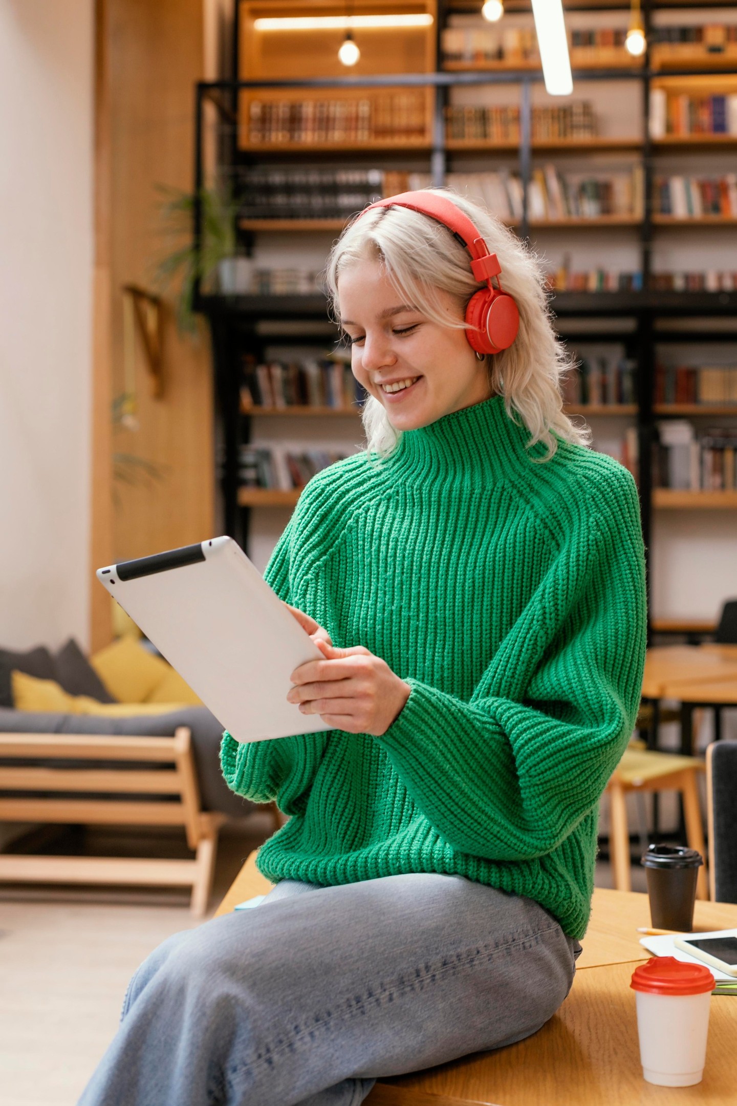 French learner listening with headphones and using a tablet