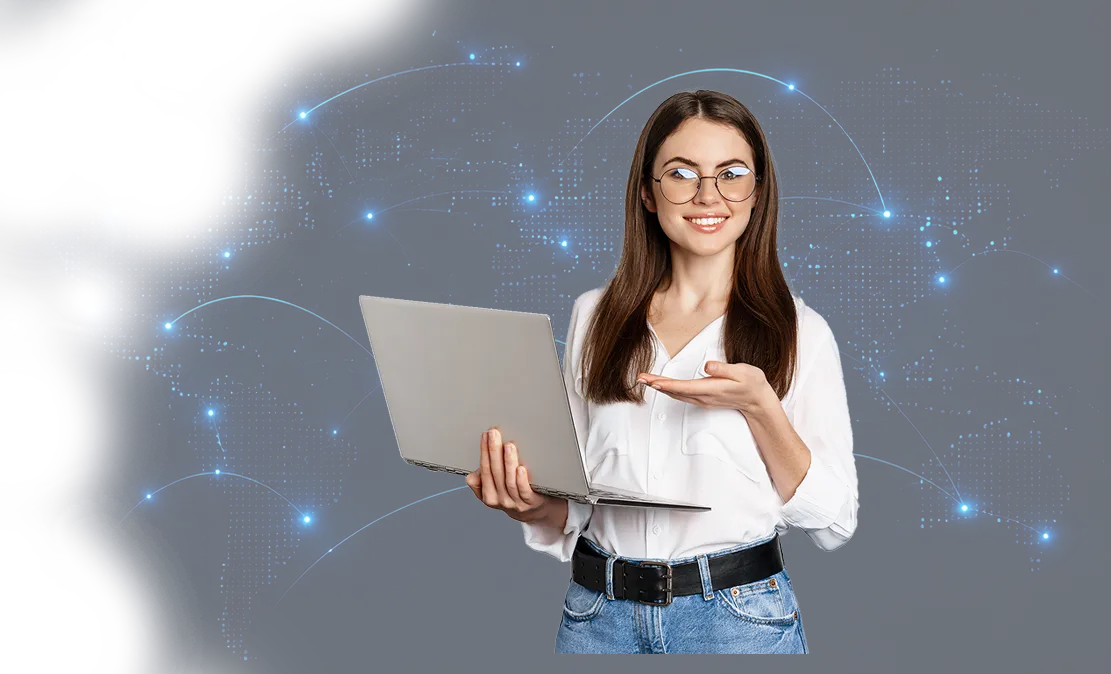 Student with laptop on network background